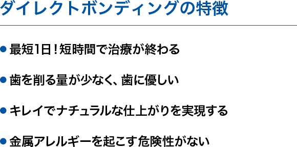 ダイレクトボンディングの特徴　最短1日！短時間で治療が終わる　歯を削る量が少なく、歯に優しい　キレイでナチュラルな仕上がりを実現する　金属アレルギーを起こす危険性がない